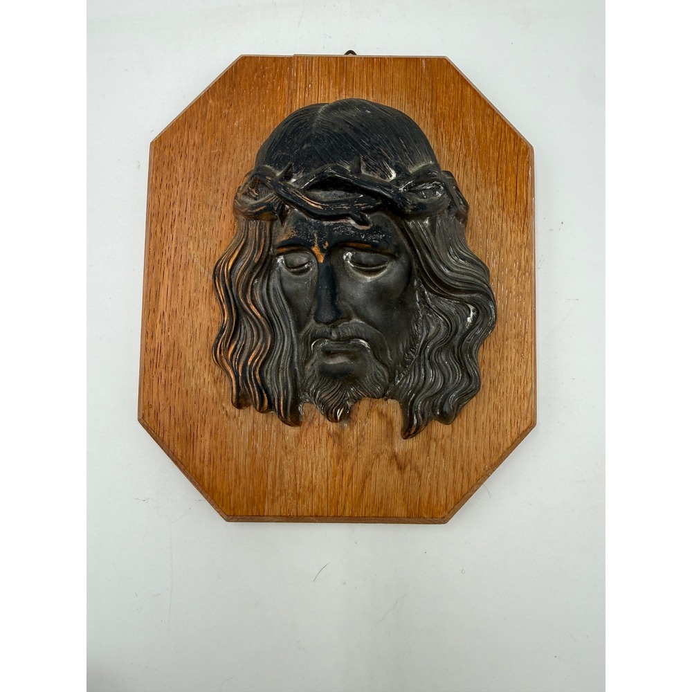 Jesus‎ Wall Plaque Religious Brown Metal Relief Wood Octagon Decor 7" x 8"